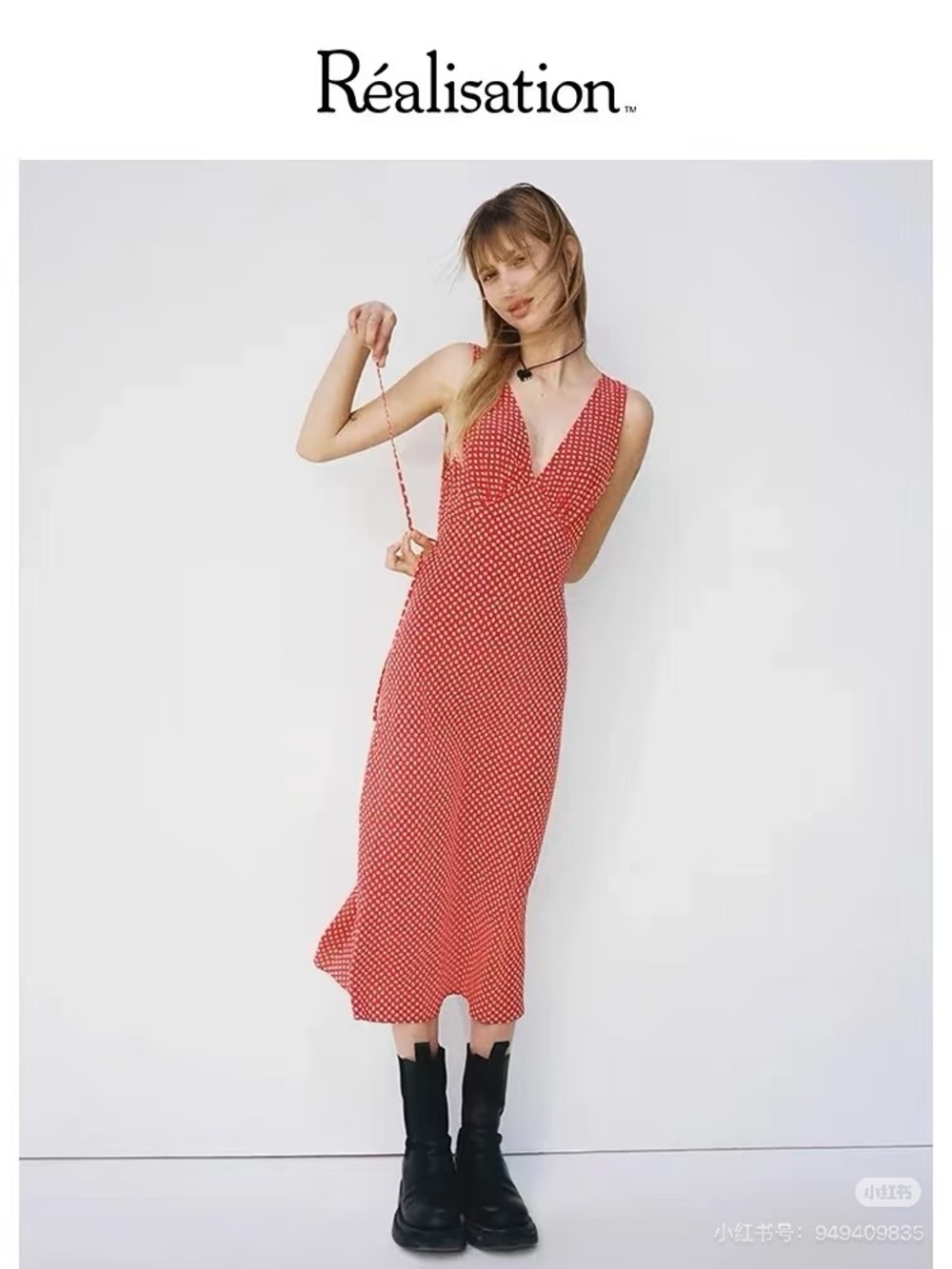 Réalisation Par Red Polka-Dot V-Neck Midi Dress